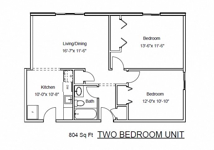 Two Bedrooms, One Bathroom Floor Plan 3